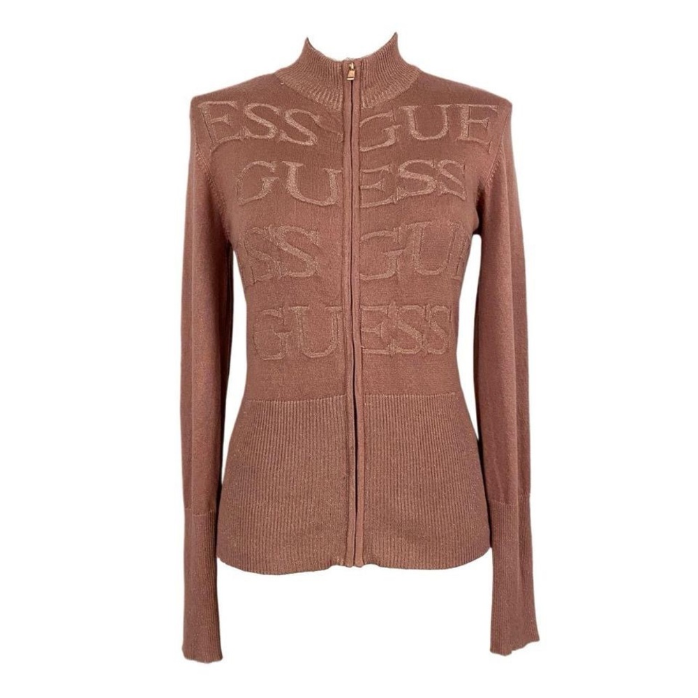 guess rose gold shimmer knit zip front mock neck cardigan